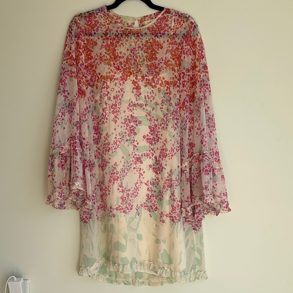 Max Studio Pink and Cream Floral Chiffon Long-Sleeve Dress